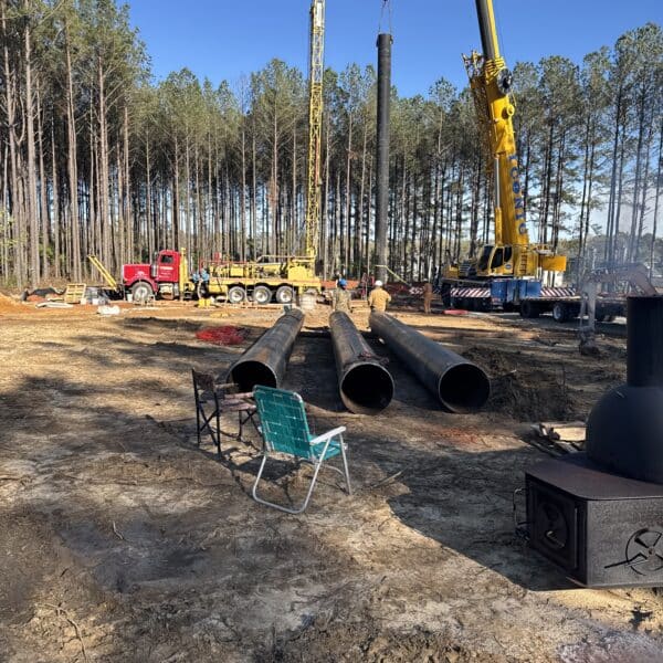 Two large yellow cranes, a red truck, and pipes at a wooded construction site. A chair and metal stove in the foreground. Pines all around.